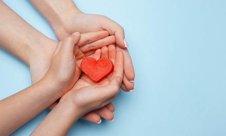Human hands holding, giving heart isolated on blue background